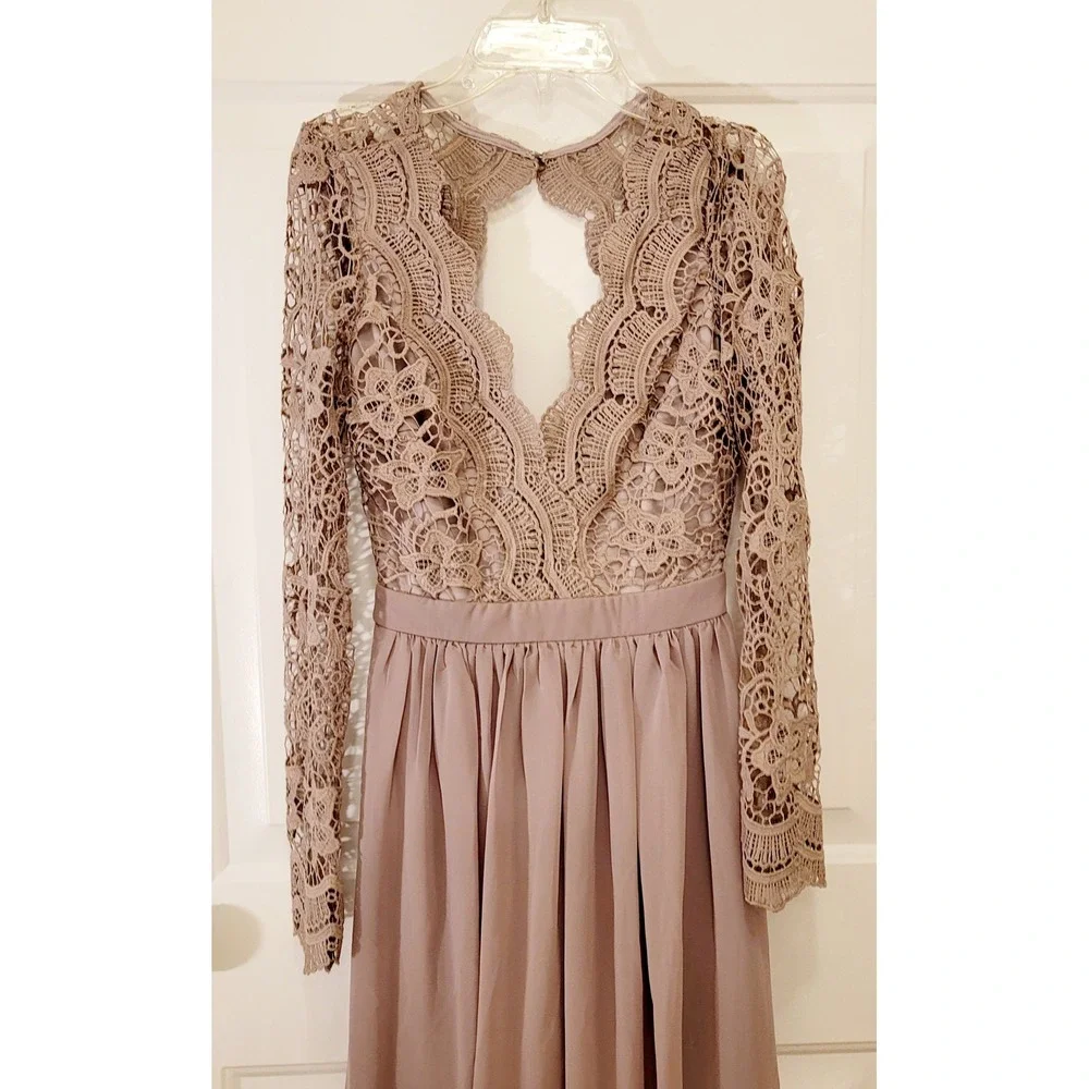 maniju tan lace long sleeve cutout maxi dress formal event size s - Picture 10 of 10